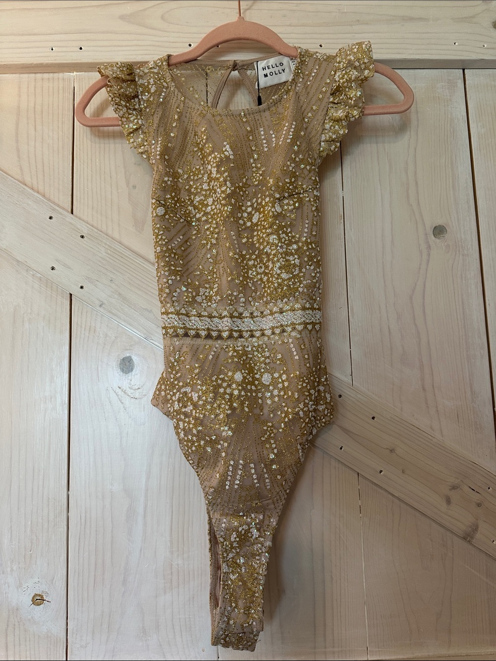 NWT Hello Molly Look at You Champagne Glitter Ruffle Sleeve Bodysuit Size XS